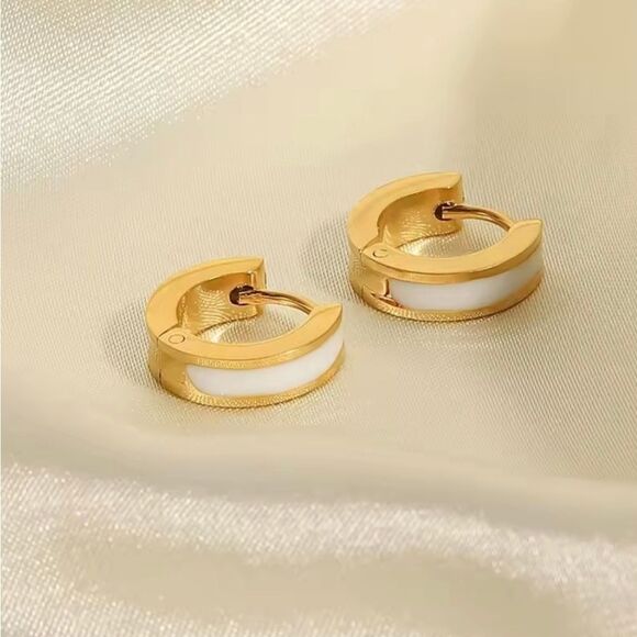 White Enamel Small Hoop Huggie Earrings Gold Plated - Picture 1 of 5